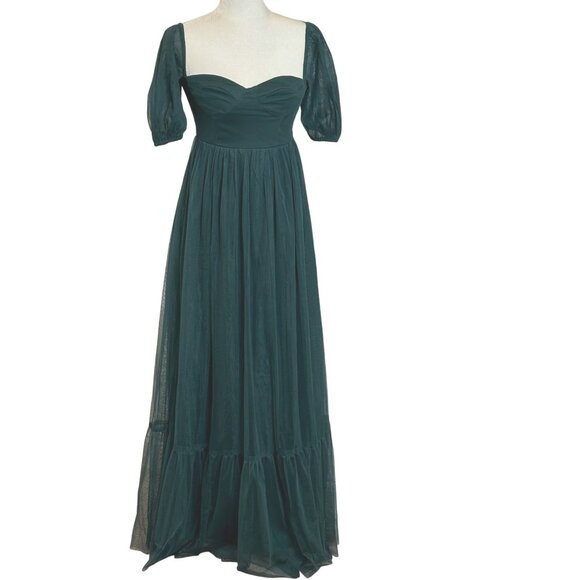 Anaya With Love Emerald Green Tulle Maxi Dress Size 2 Puff Sleeve Formal Gown - Picture 1 of 16